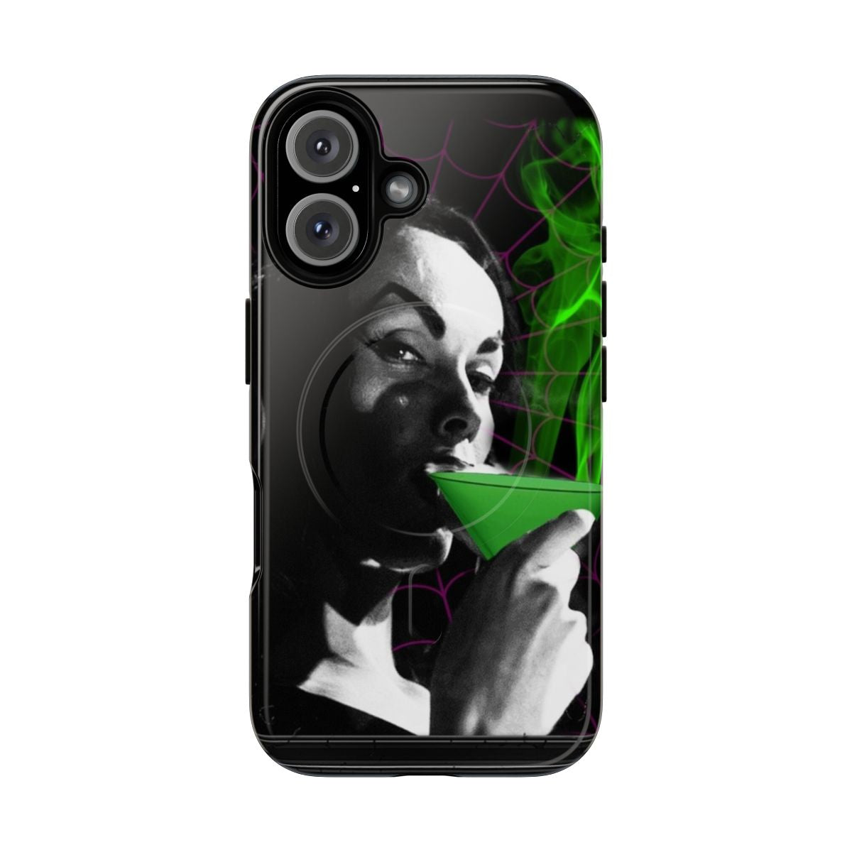 Chilling vintage-inspired horror phone case with creepy monster, haunted asylum, and possessed devil design