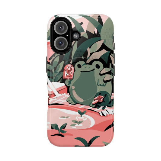 Colorful illustration of a frog and tadpoles on a tough, magnetic phone case