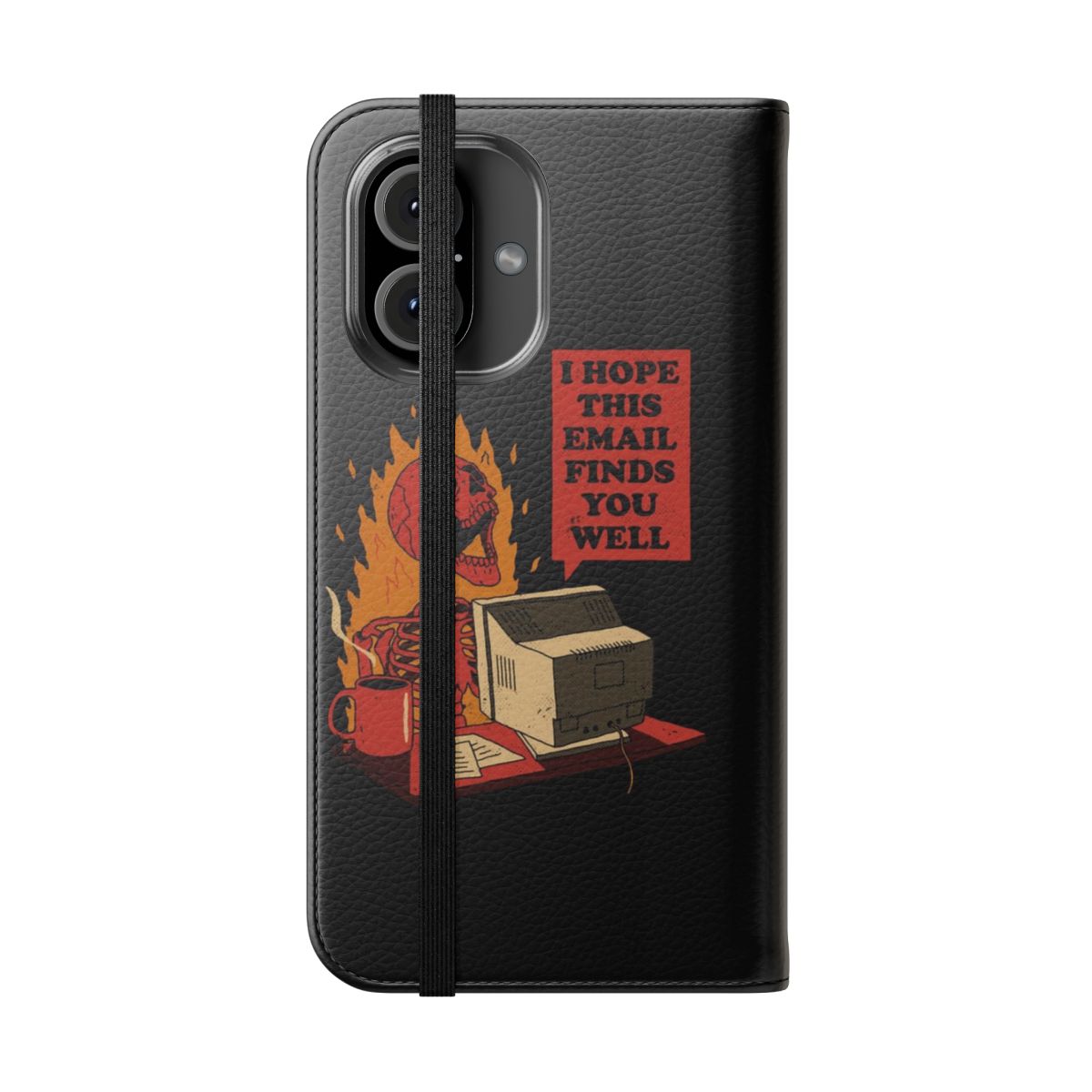 Flip cover phone case with computer, email, and humor-themed graphics - Folded Front