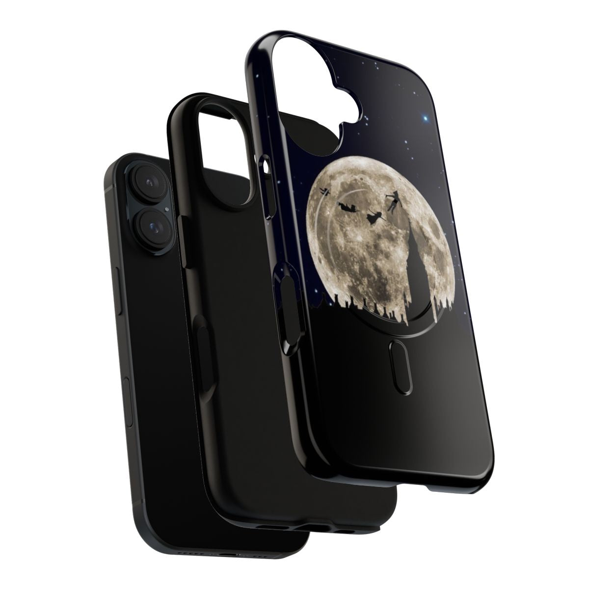 Magnetic phone case with a Disney-inspired celestial design featuring a moon, stars, and silhouette of a tower. - Layers