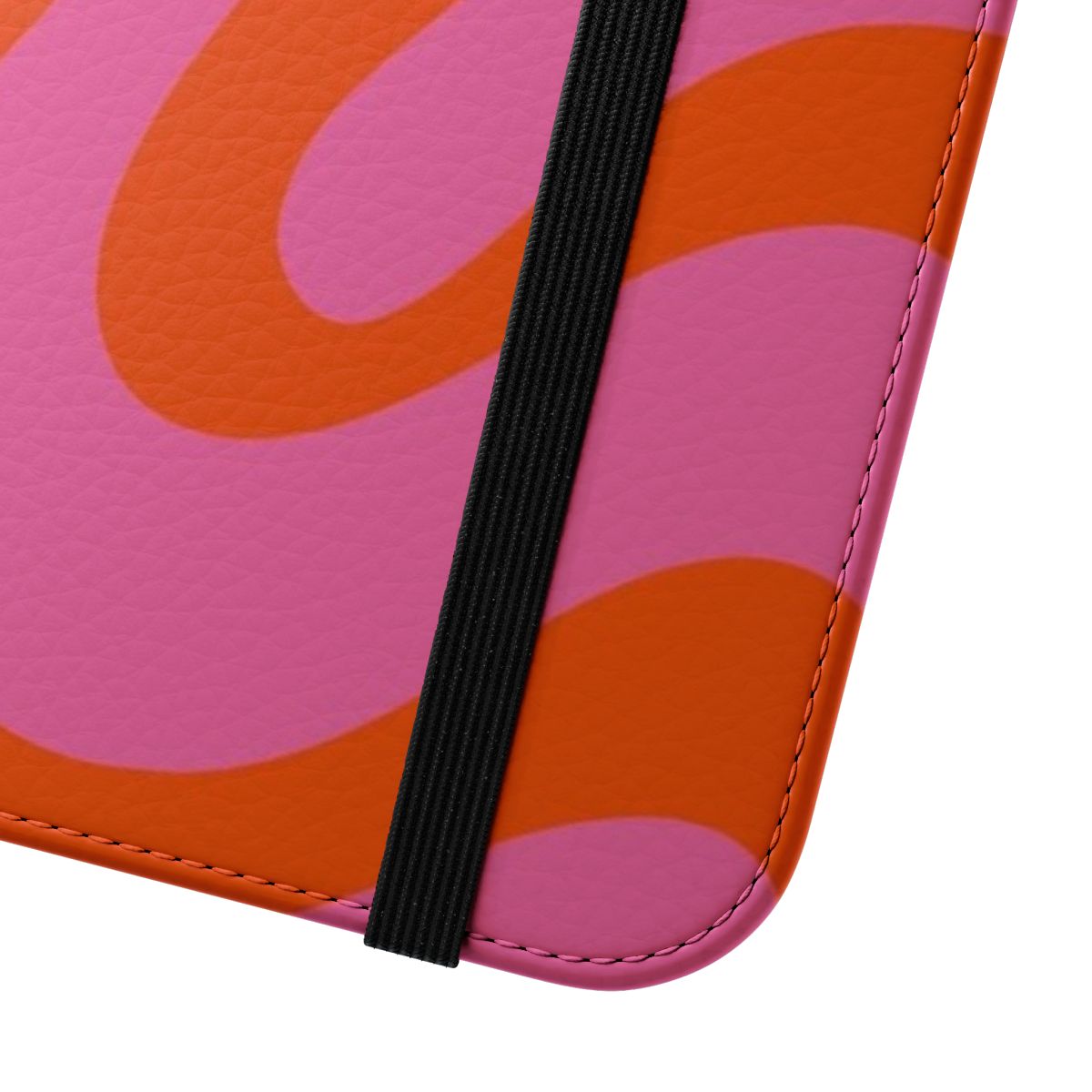 Retro abstract swirl pattern in pink, orange, and red on a flip phone case - Close Up