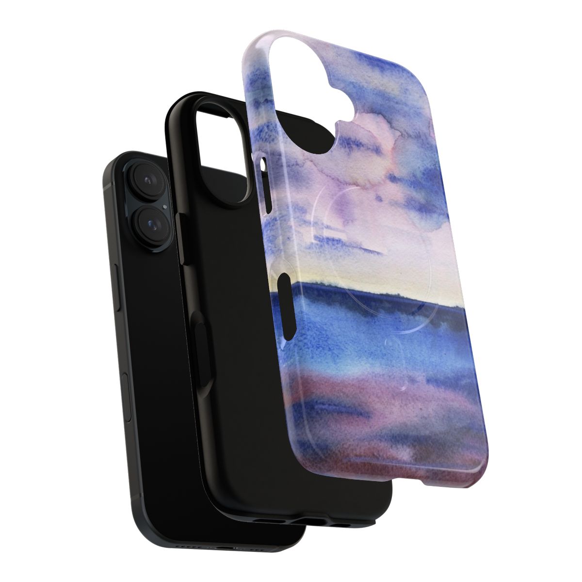 Watercolor painted landscape with blue sky and fluffy clouds on a phone case. - Layers