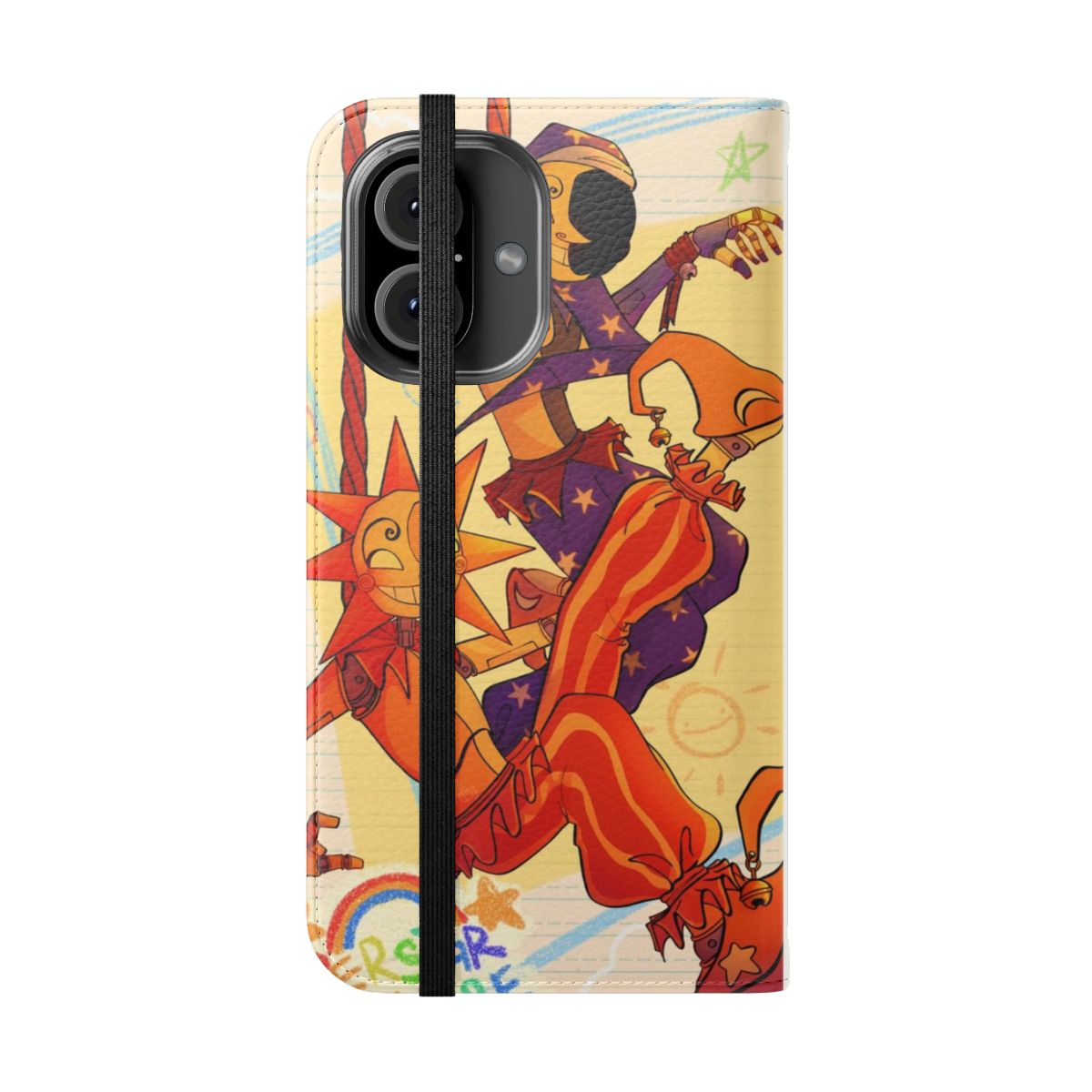 Fnaf Security Breach Inspired Flip Cover Phone Case featuring Sun and Moon characters - Folded Front