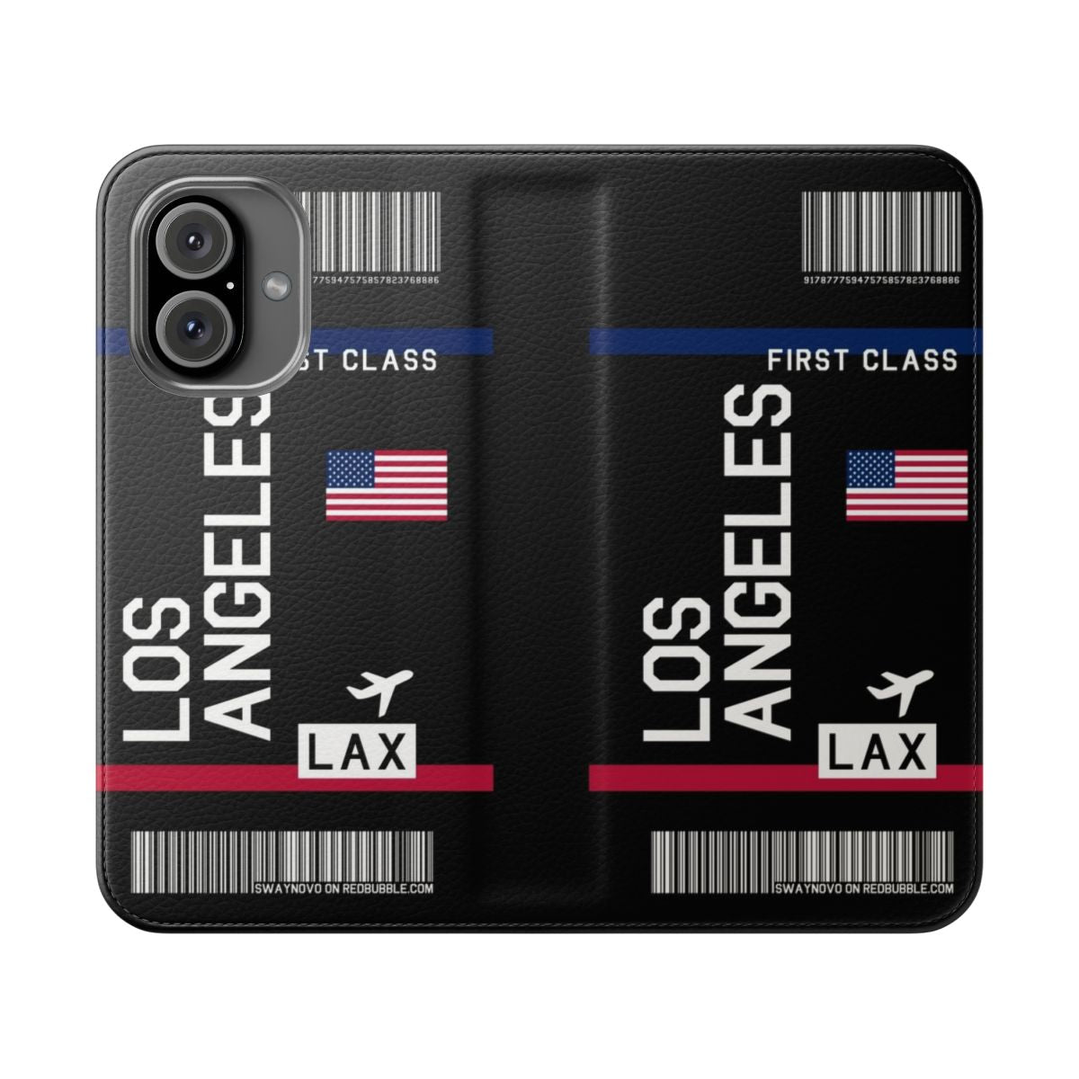 Black flip cover phone case with flight ticket and Los Angeles travel design