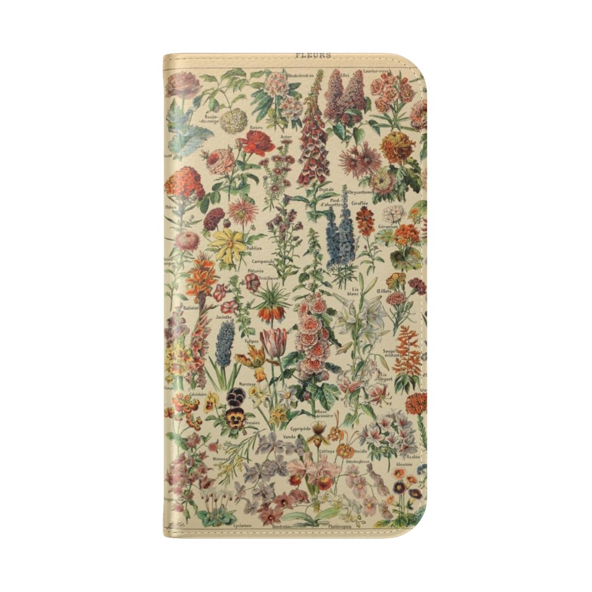 Vintage flower poster design on a phone case with botanical leaves and nature inspired florals. - Folded Back