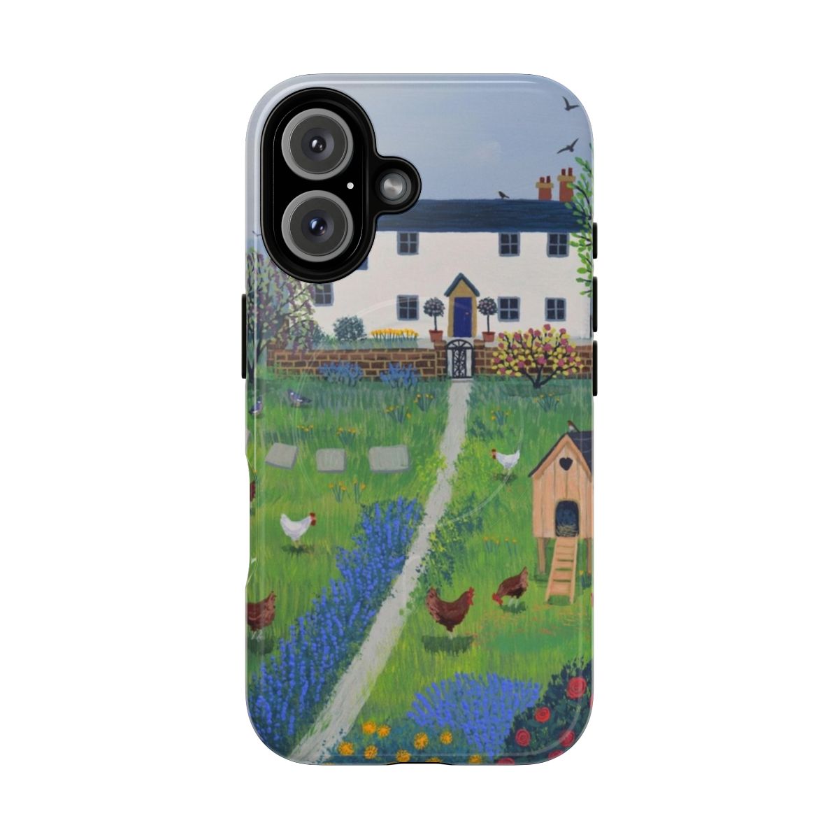 Magnetic tough phone case featuring a charming hen house and cottage garden design