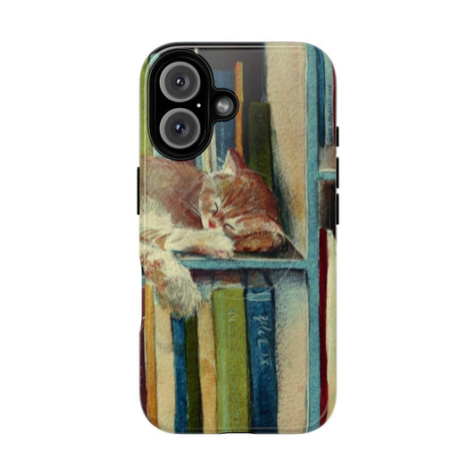 A magnetic tough phone case featuring a cozy illustration of a cat sleeping in a bookcase.