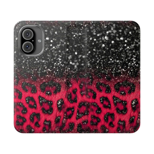 Pink black leopard print faux glitter phone case