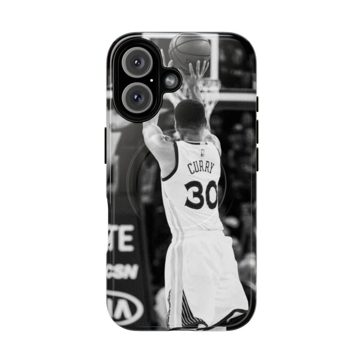 Black and white basketball-themed magnetic phone case with Stephen Curry-inspired design