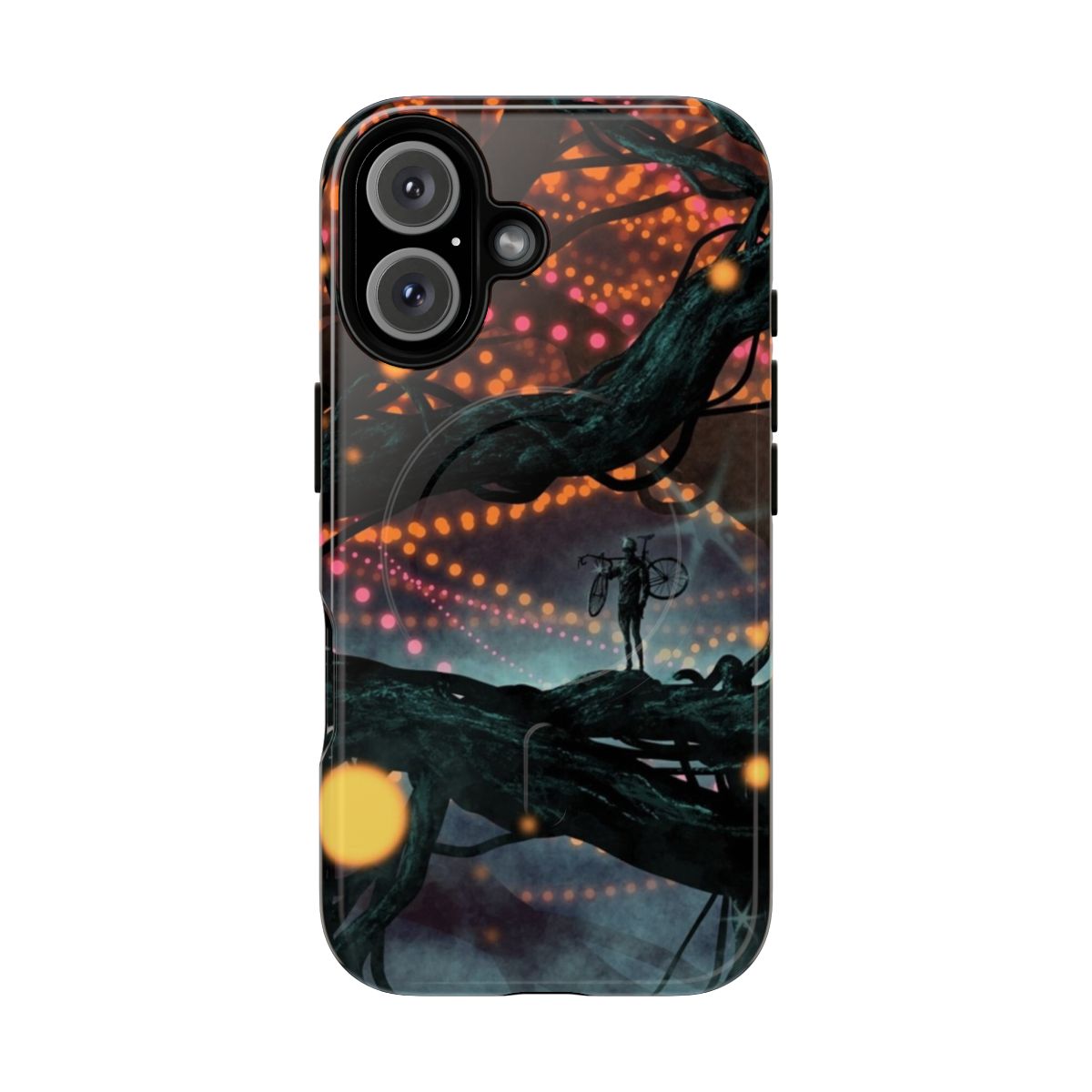 Surreal phone case design featuring a flat tire in a neon forest landscape