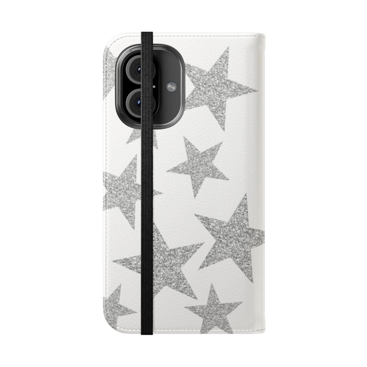 A silver glittery phone case featuring a design of sparkling stars - Folded Front