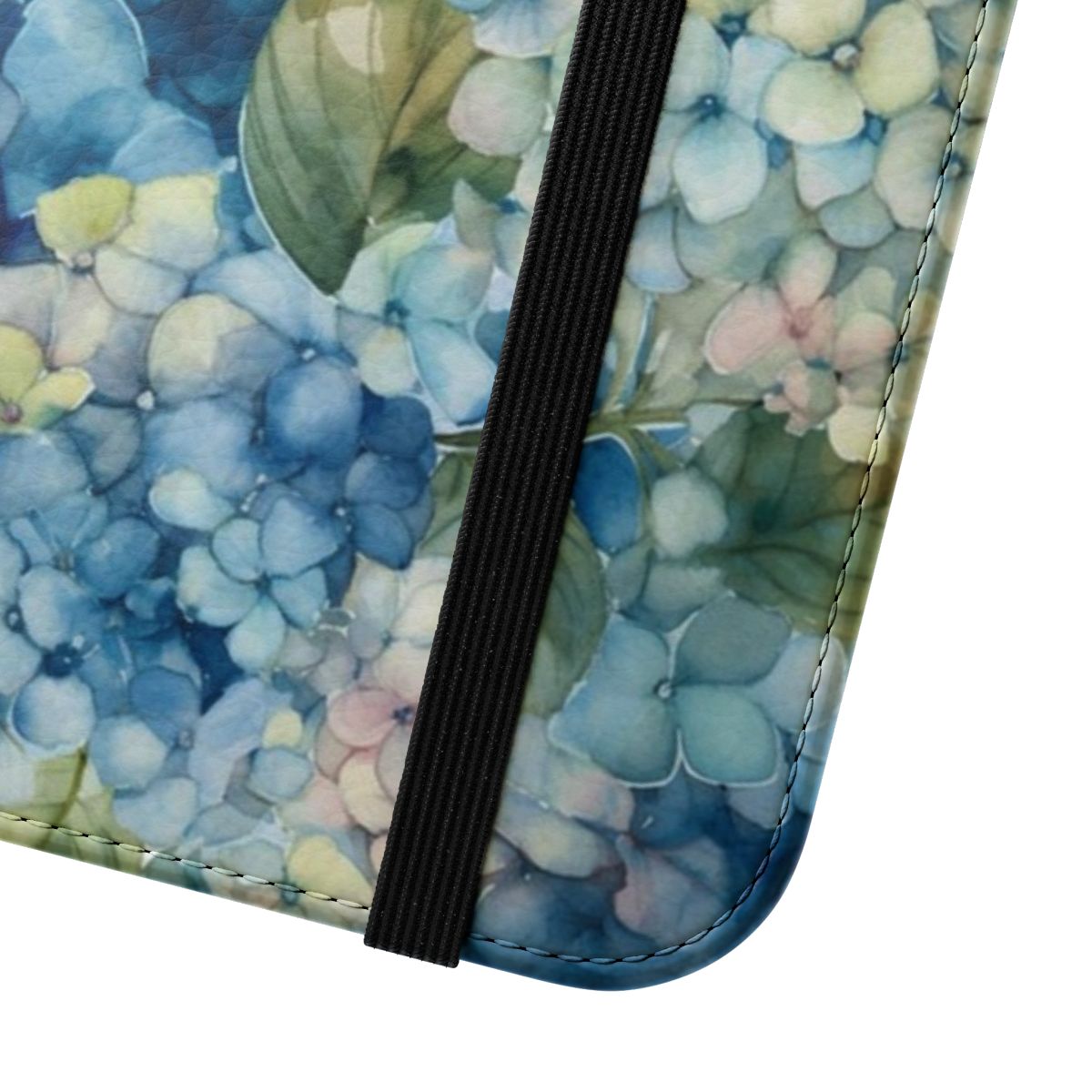 Watercolor hydrangea floral phone case with blue and purple flowers - Close Up