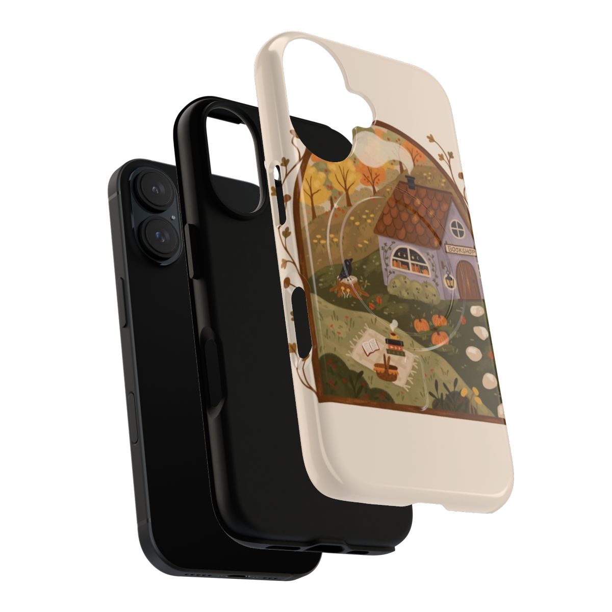 Autumn-inspired magnetic phone case featuring a cozy bookshop scene - Layers