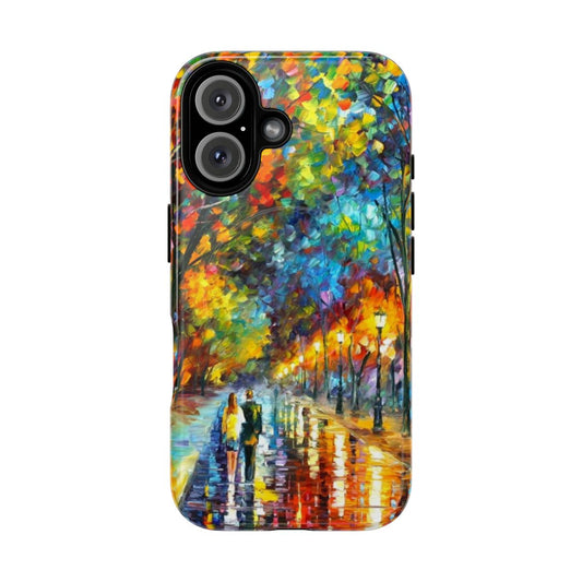 A phone case featuring a vibrant, foggy forest landscape inspired by the artwork of Leonid Afremov.