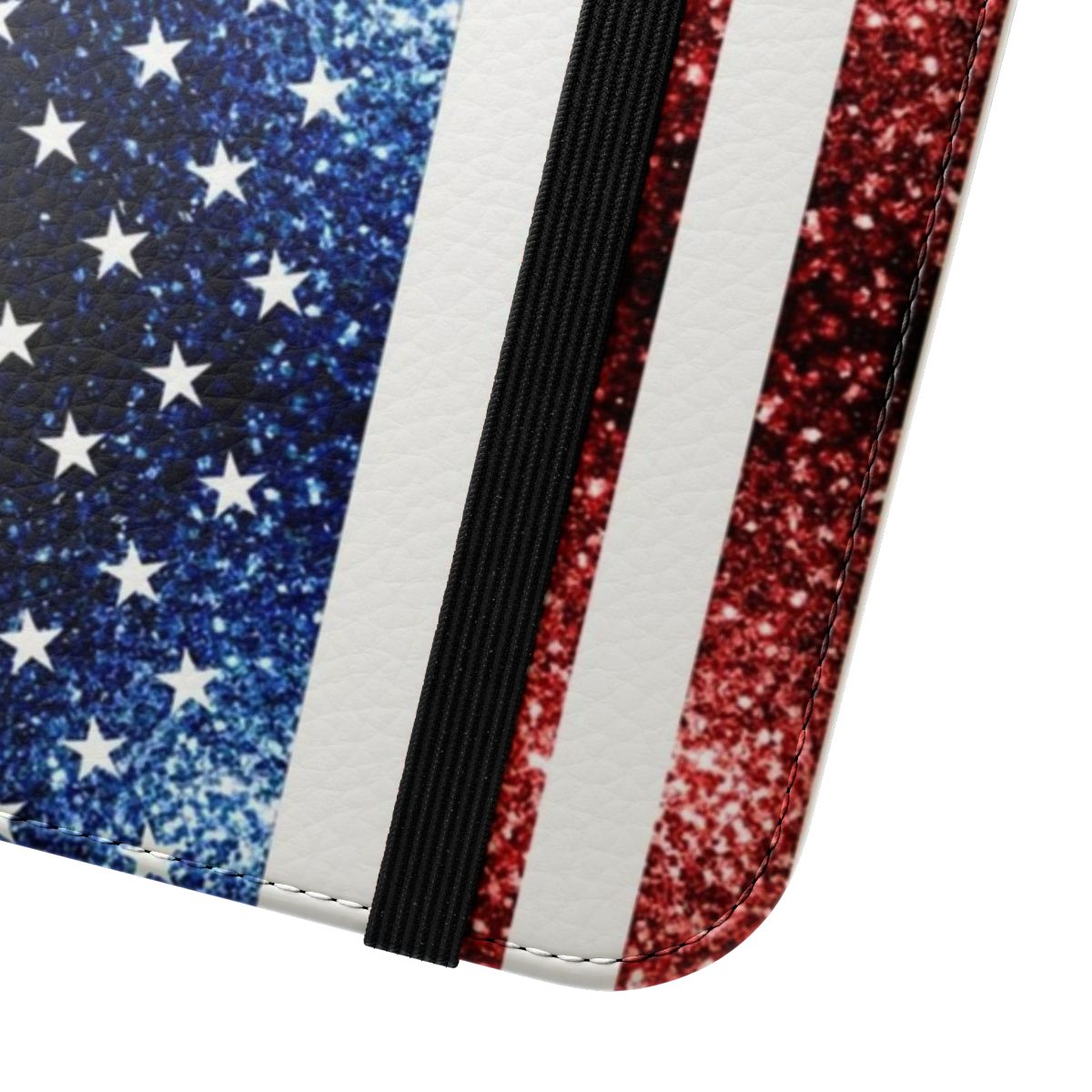 Glitter USA flag phone case with red, white, and blue colors - Close Up