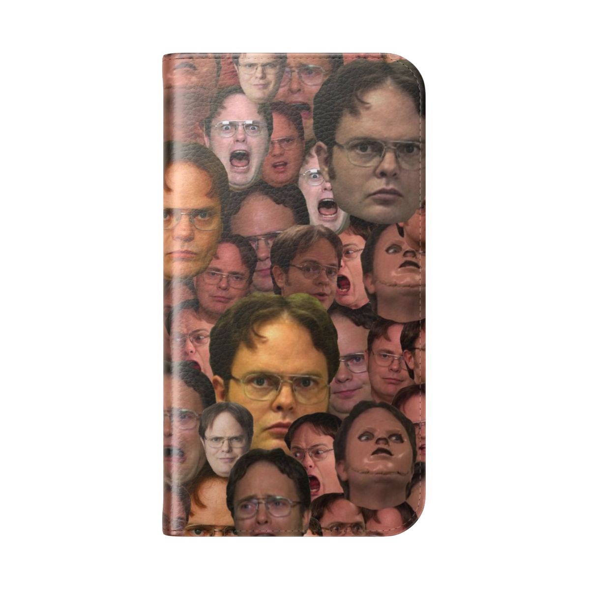 A flip cover phone case featuring a compilation of iconic facial expressions and quotes from Dwight Schrute, a beloved character from the TV series "The Office". - Folded Back