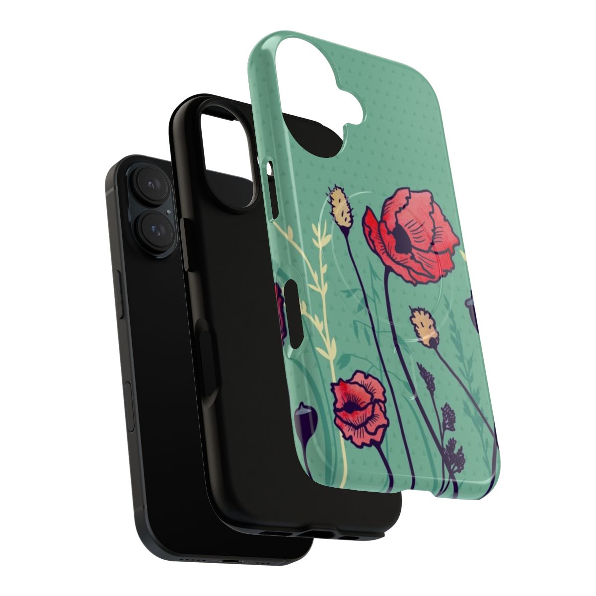 A phone case featuring a watercolor painting of a summer wildflower meadow with green grass and geometric shapes. - Layers