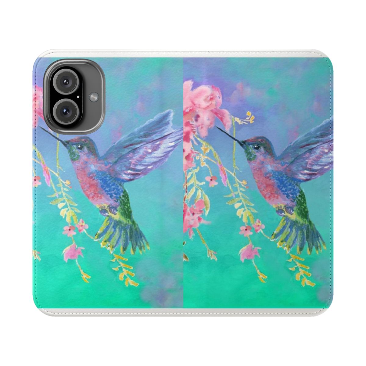 Colorful flip cover phone case featuring a detailed hummingbird design