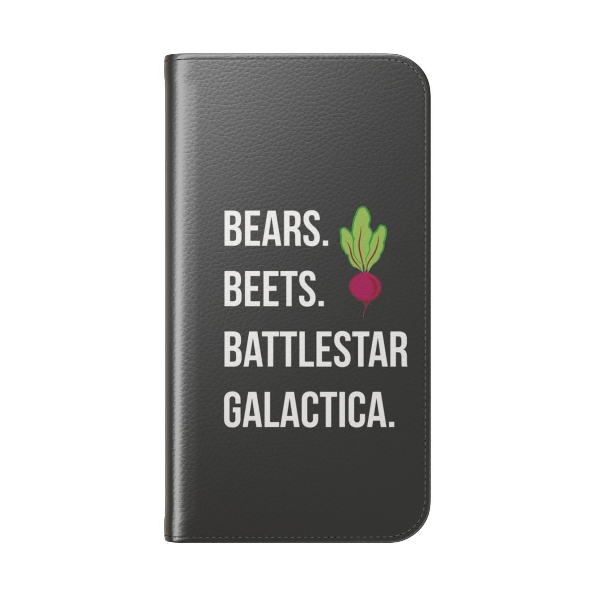 A flip cover phone case featuring a quote from the popular TV show The Office, depicting bears, beets, and Battlestar Galactica. - Folded Back