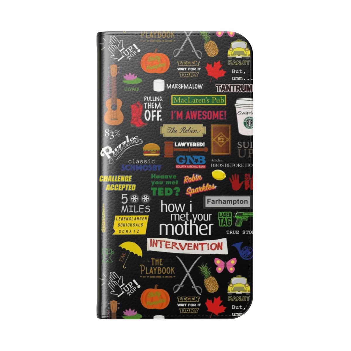 A flip cover phone case featuring a collage design inspired by the TV show "How I Met Your Mother". - Folded Back