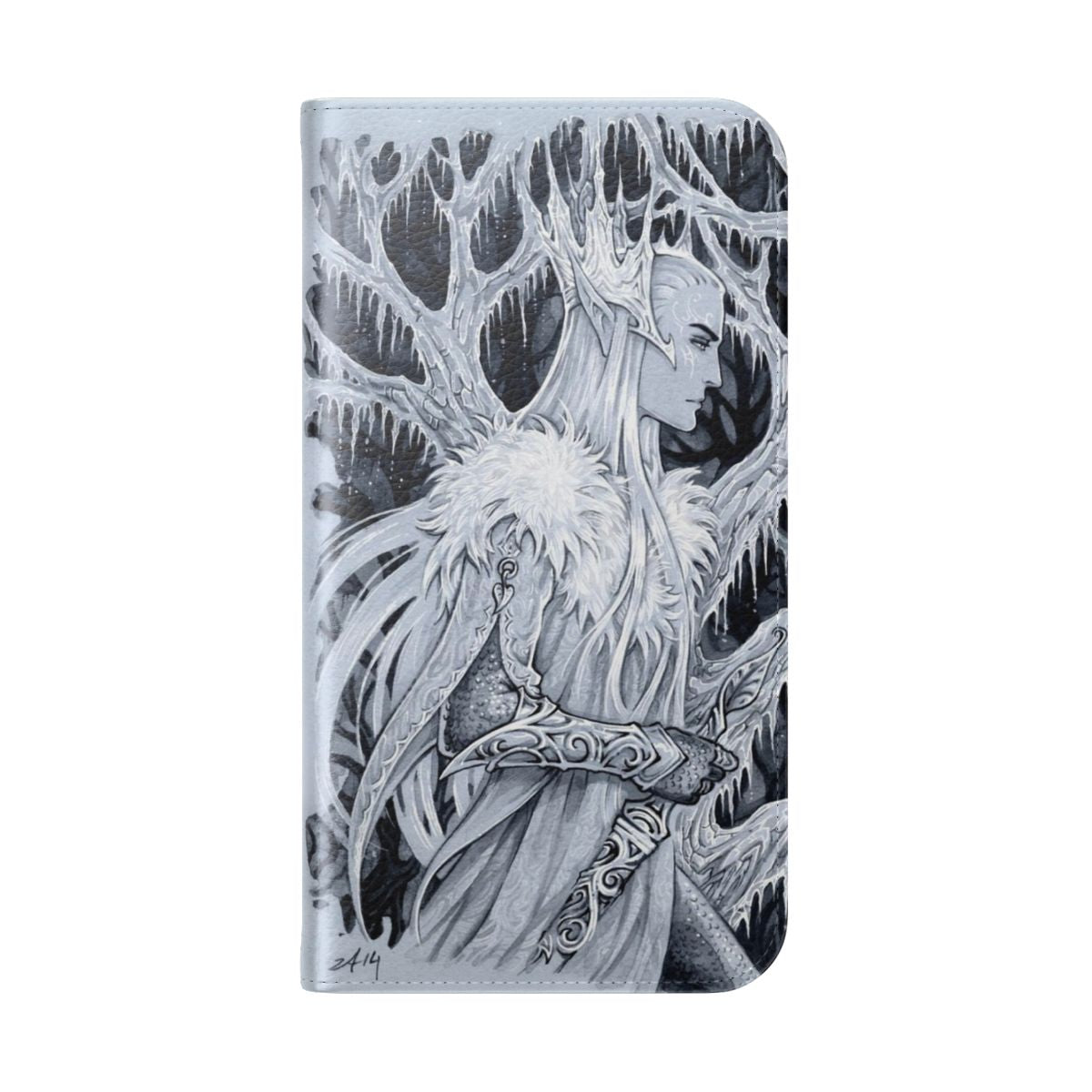 Wintery forest phone case cover with elf, crown and sword design - Folded Back