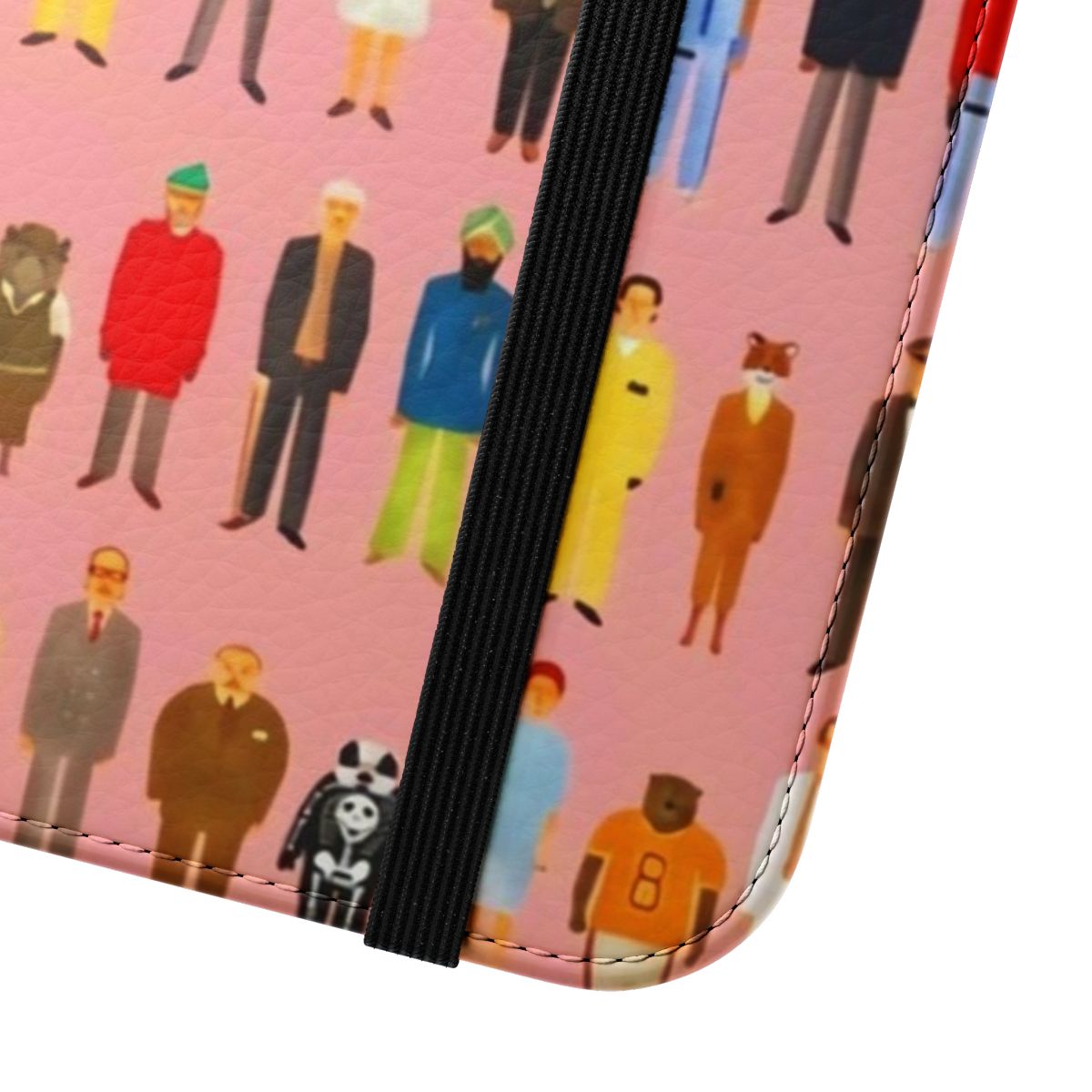 Pastel-colored flip phone case featuring characters from Wes Anderson films - Close Up