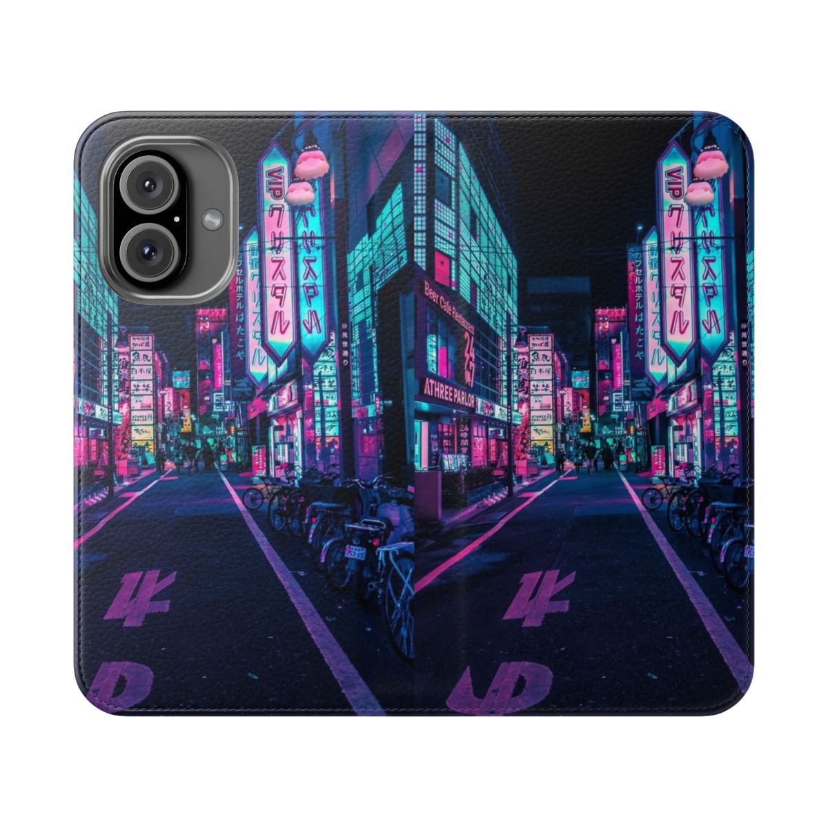 A vibrant flip cover phone case featuring a cyberpunk-inspired design with neon lights and street scenes from Tokyo, Japan.