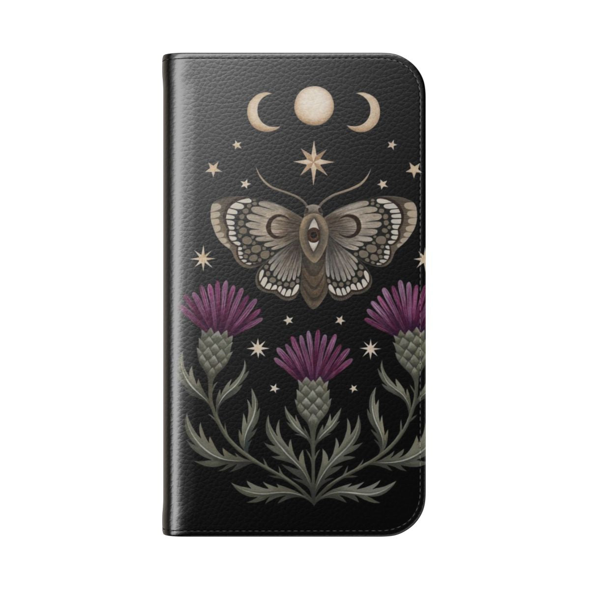 A phone case featuring a moth, crescent moon, and thistle flowers in a mystical, nature-inspired design. - Folded Back