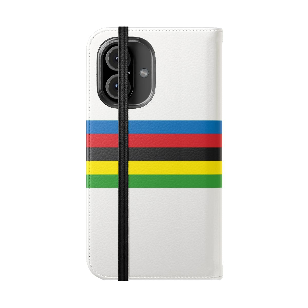 Striped cycling phone case with rainbow bands and bicycle design - Folded Front