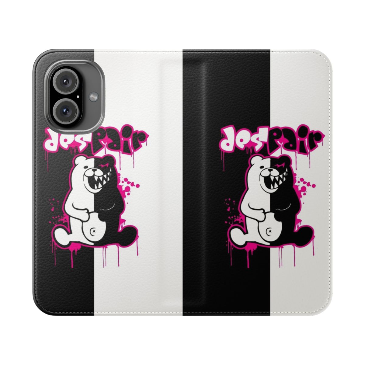 Monokuma inspired anime-style pink flip phone case