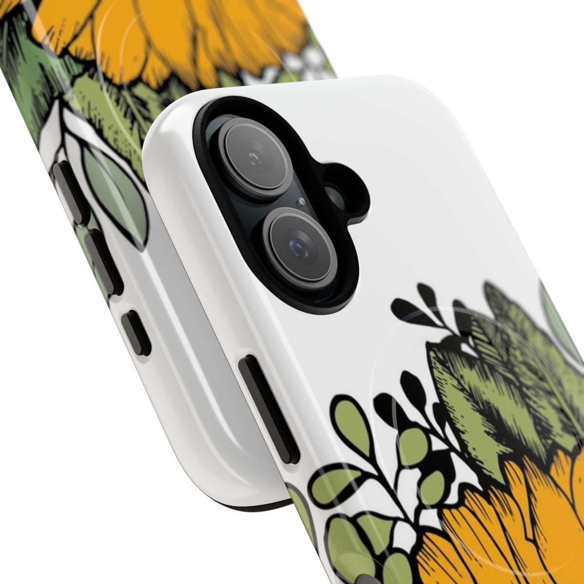 Vibrant yellow sunflower illustration on a magnetic phone case - Detail