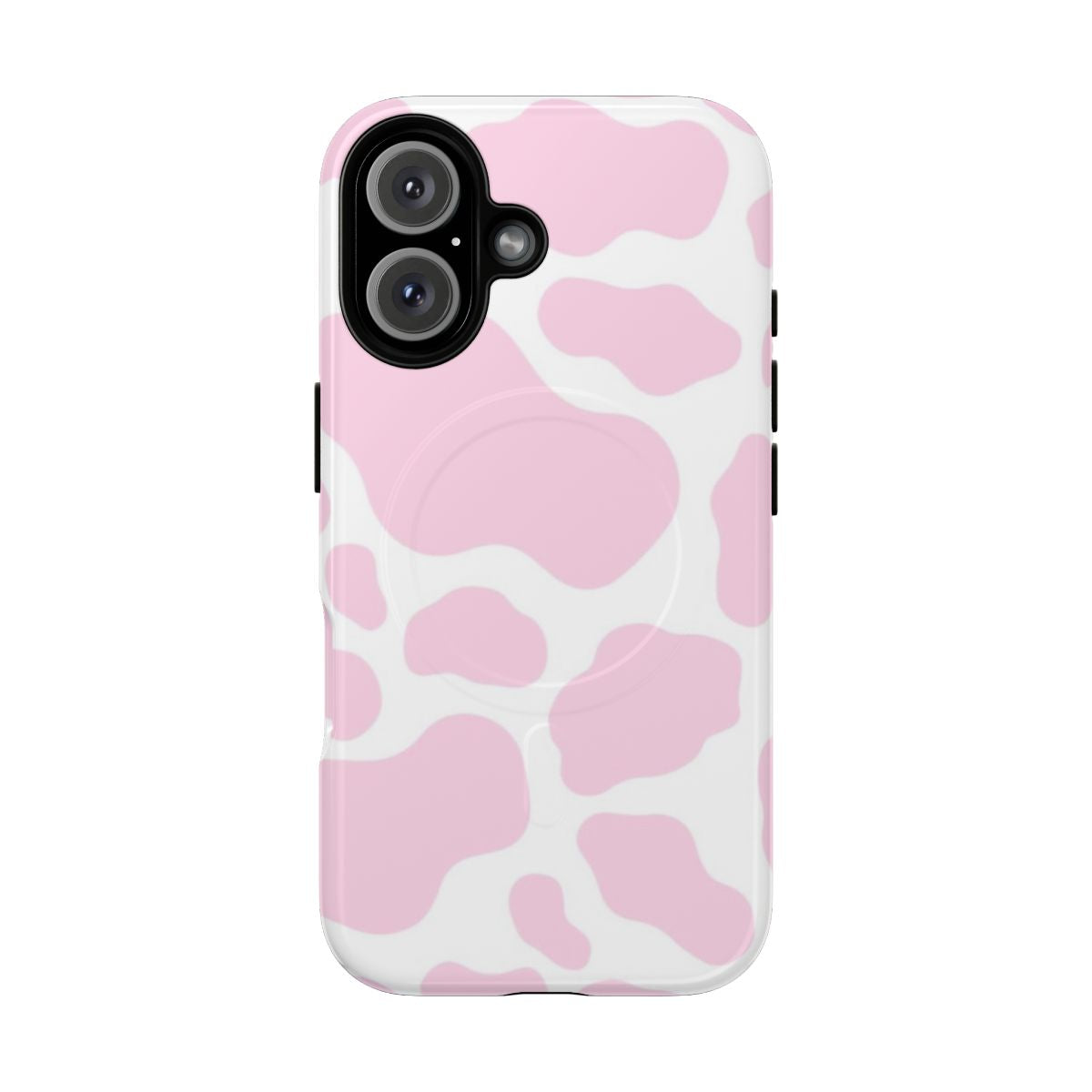 A pink cow print phone case with a magnetic tough design.