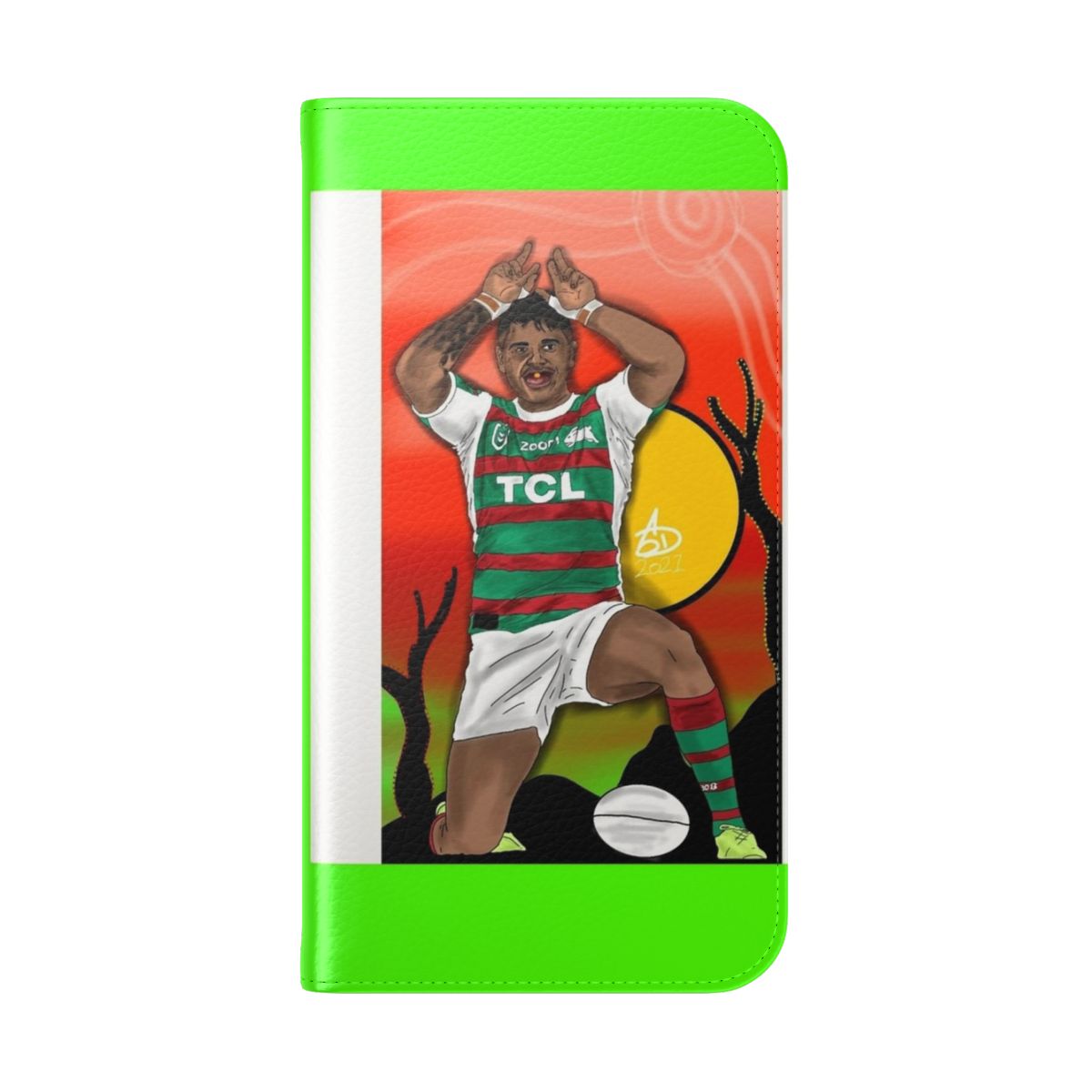 Customizable phone case featuring rugby league player Larrell Mitchell of the South Sydney Rabbitohs - Folded Back