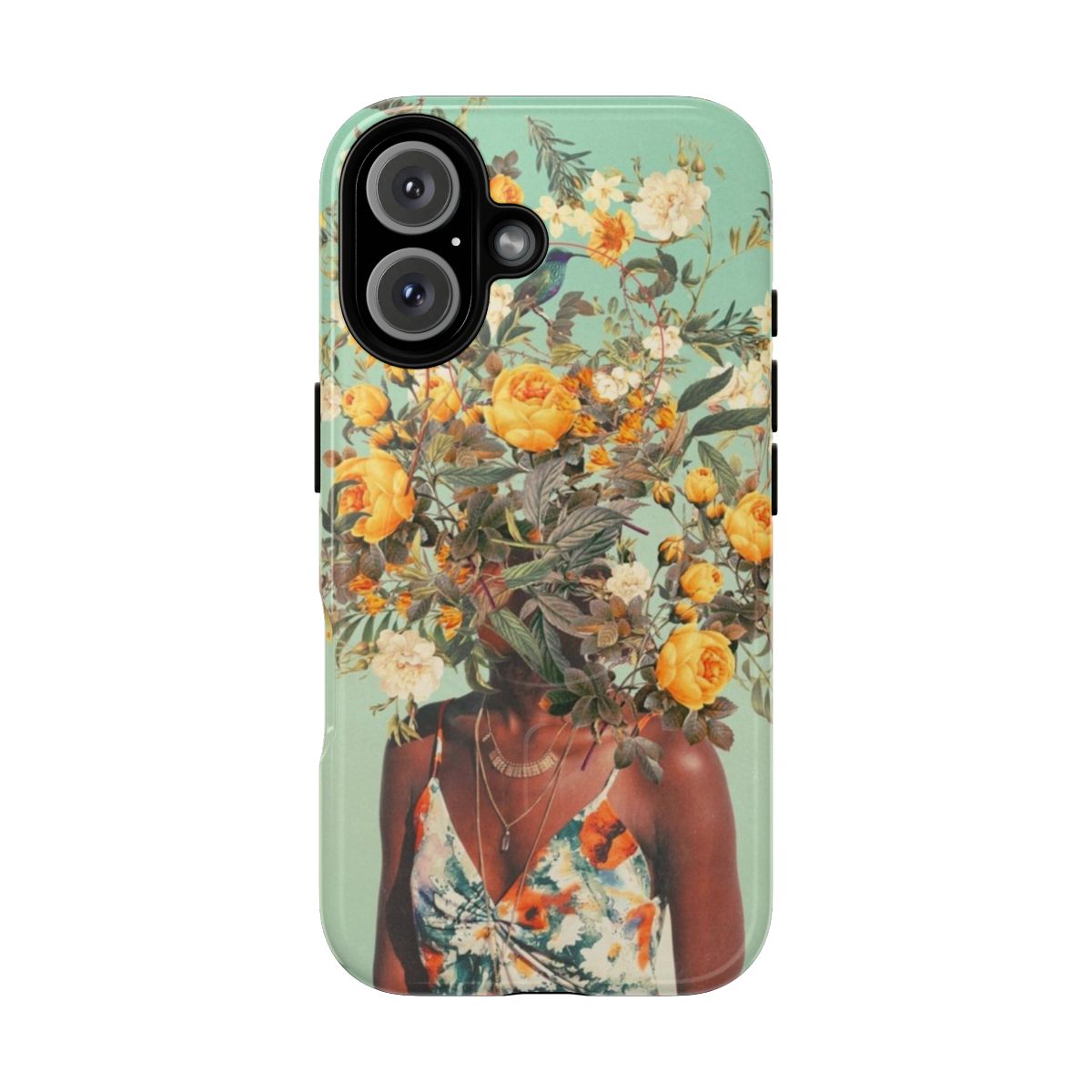 Vintage collage-style phone case featuring a floral portrait with summer nature elements in blue, green, and yellow tones.