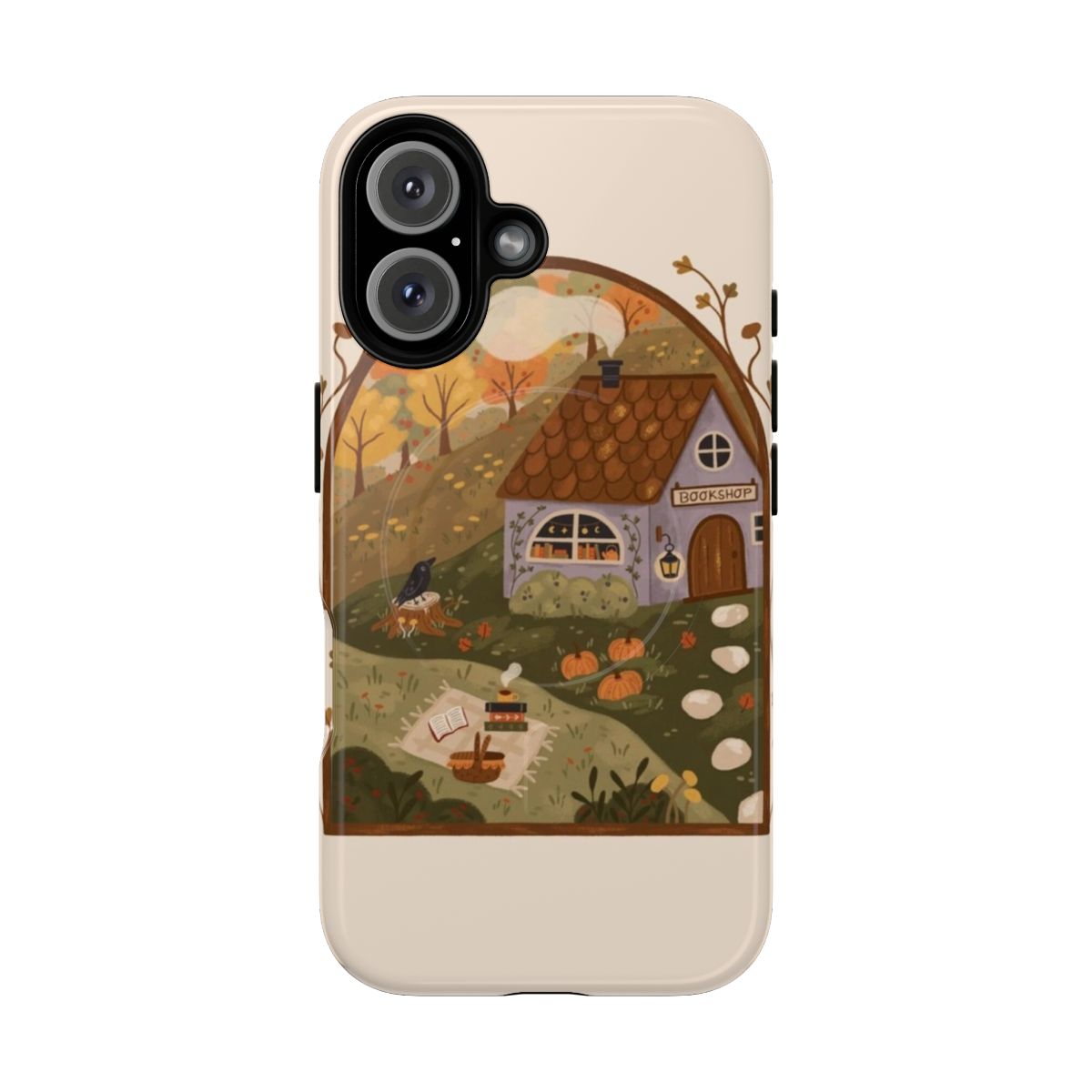 Autumn-inspired magnetic phone case featuring a cozy bookshop scene