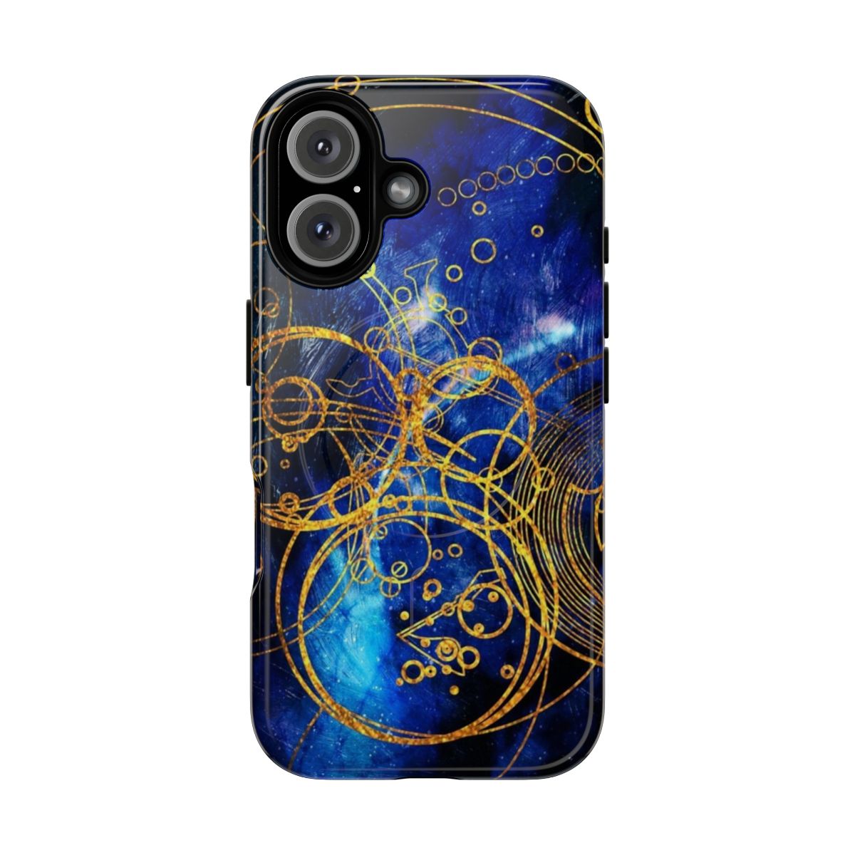 Steampunk-inspired phone case with clockwork, spirals, and magical patterns in blue, gold, and glitter