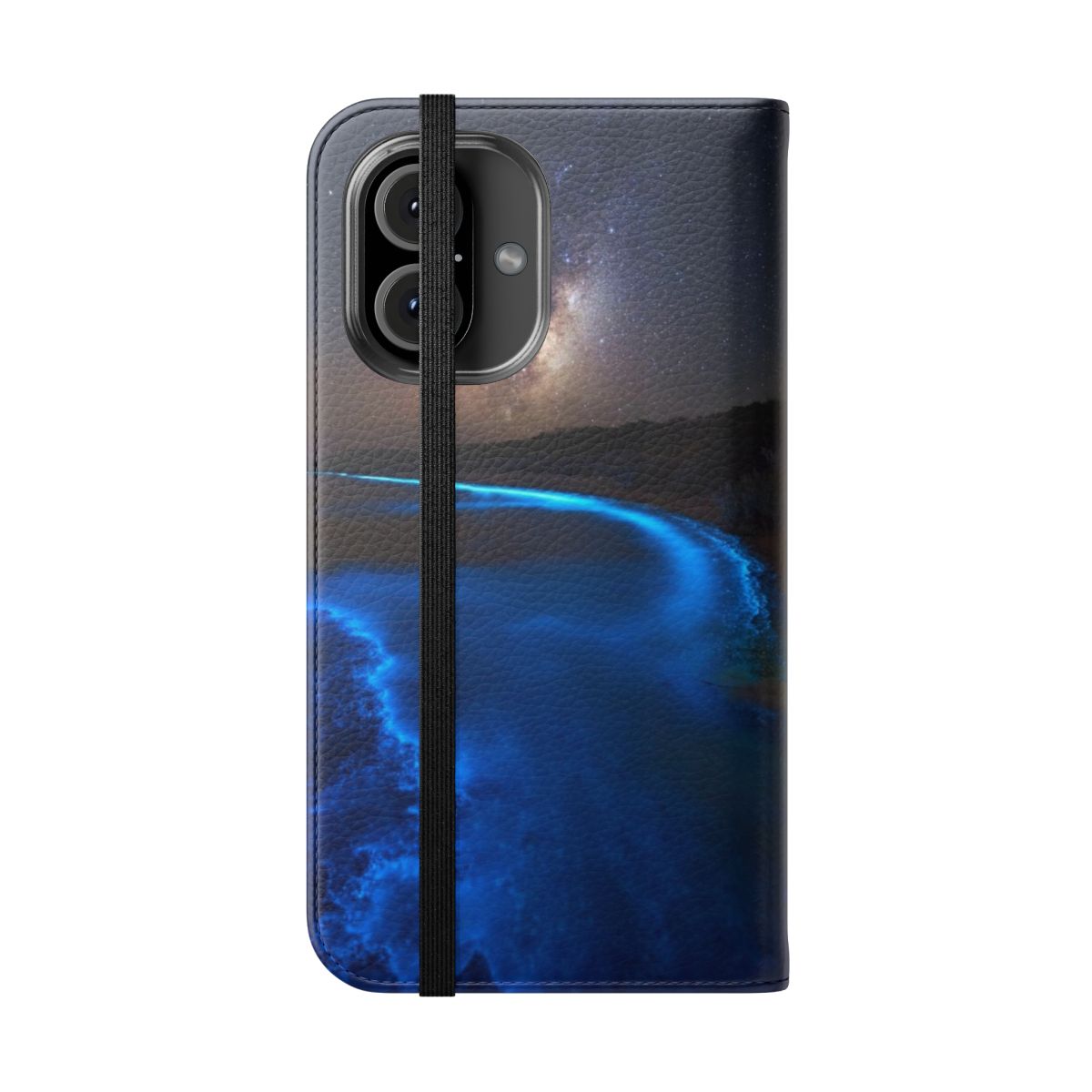 Flip cover phone case featuring a vivid bioluminescent Milky Way galaxy design - Folded Front