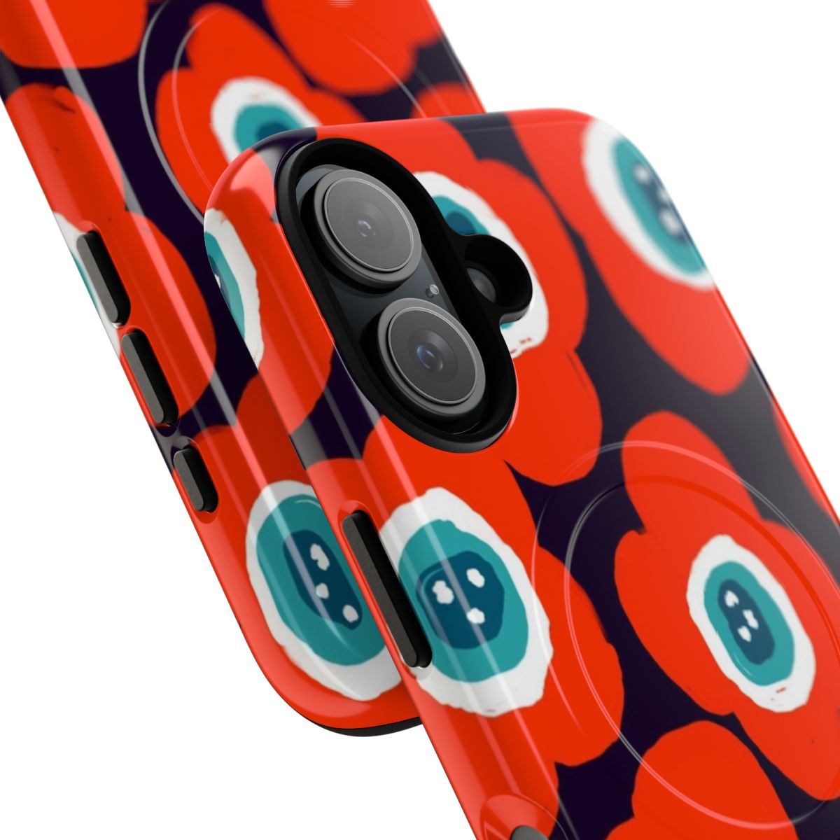 Close-up of a modern, minimalist phone case with a bold blue and red floral pattern. - Detail