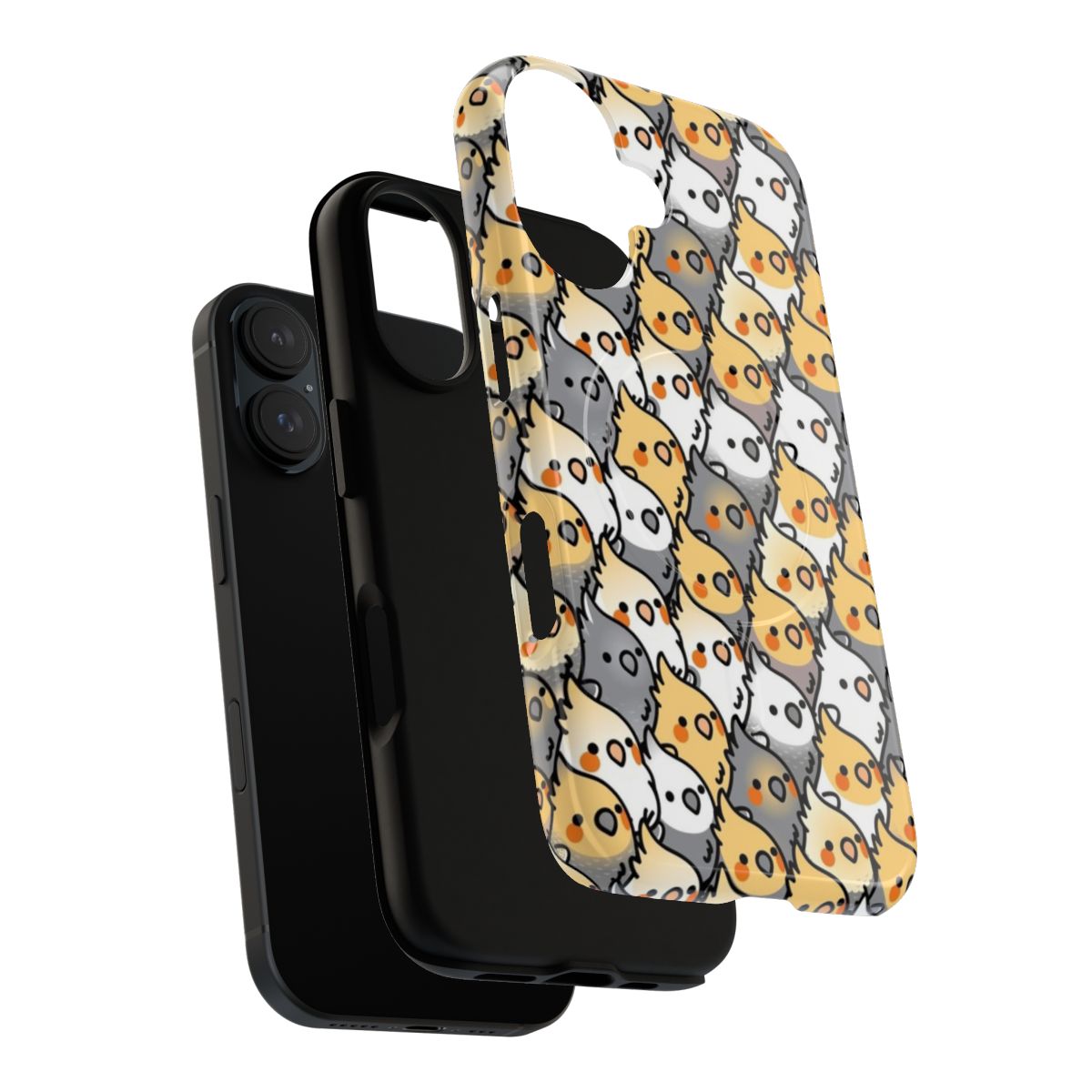 A vibrant phone case featuring a playful design of chubby cockatiels in a party setting. - Layers