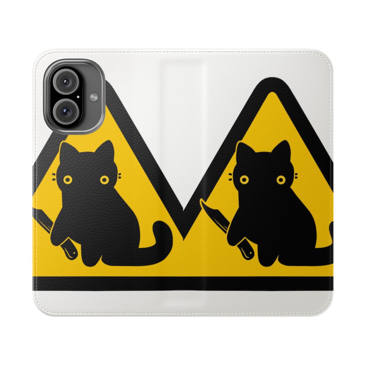 Amusing yellow flip phone case featuring a cat design with a caution or warning style