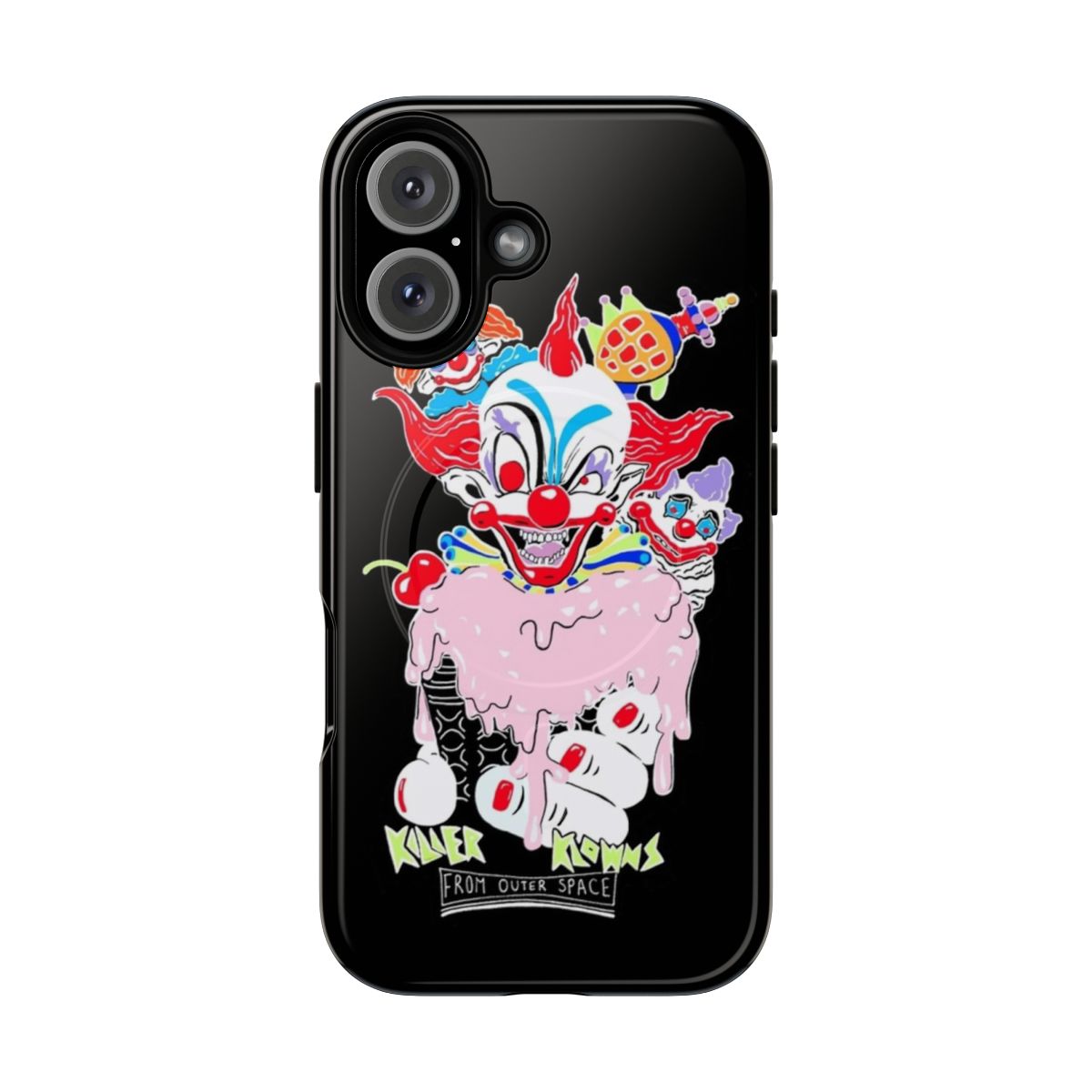 Vibrant phone case featuring a retro-style poster design inspired by the cult classic horror-comedy film "Killer Klowns From Outer Space"