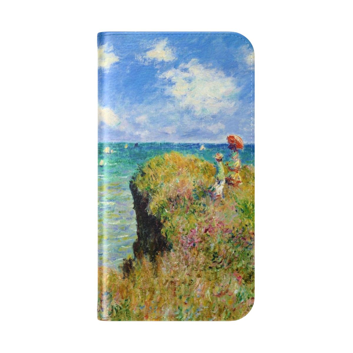 Flip cover phone case featuring Claude Monet's "Walk on the Cliff at Pourville" painting. - Folded Back