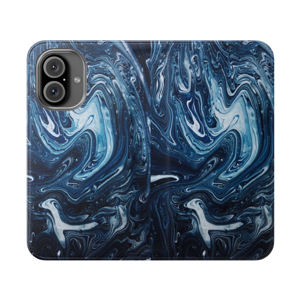 Abstract marble print phone case with dark blue and white swirl design