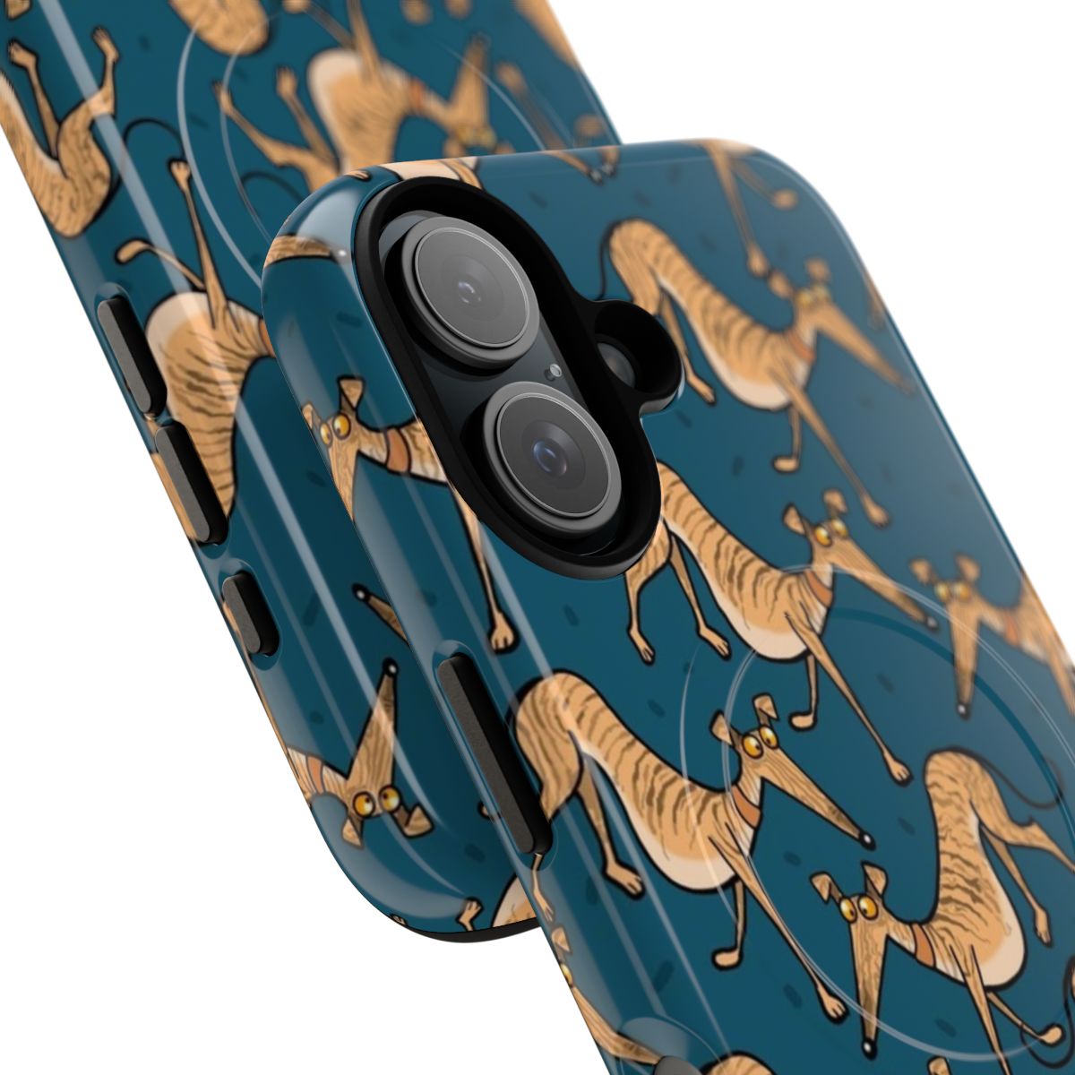 Brindle dog cartoon phone case design featuring greyhound, whippet, and lurcher hounds - Detail