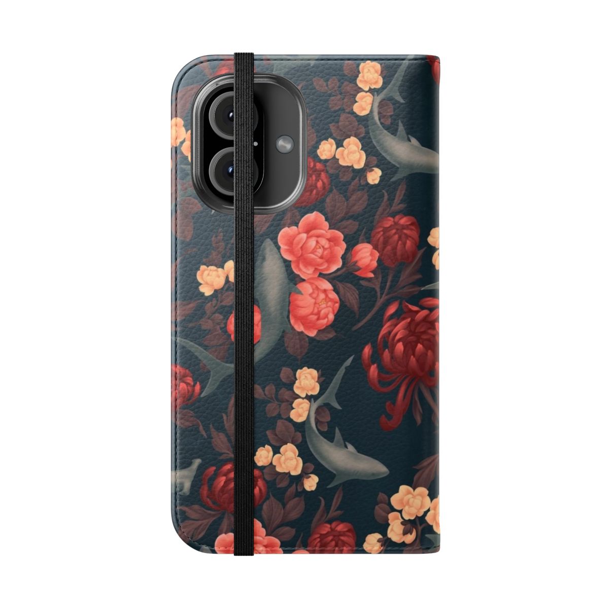 Botanical shark-patterned flip phone case with floral and vintage elements - Folded Front