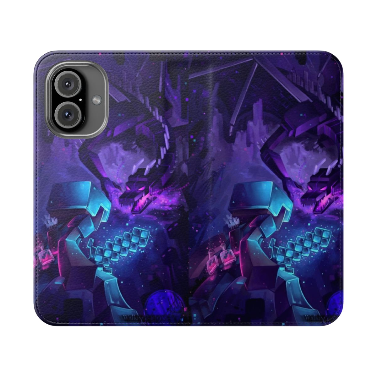 Minecraft-inspired phone case featuring an enderdragon battle scene in a beautiful, aesthetic design.