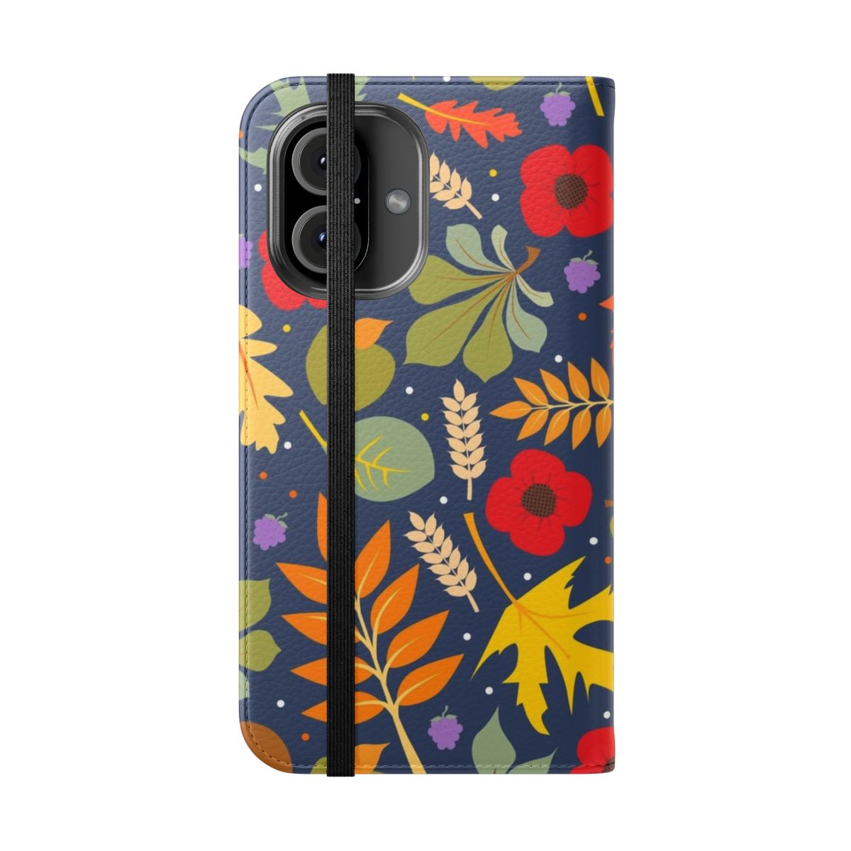 Autumn leaves, flowers, and fruit design on a flip cover phone case - Folded Front