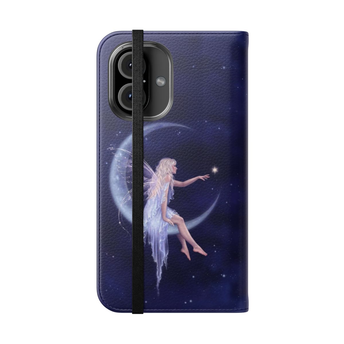 Whimsical fairy phone case featuring a crescent moon and stars against a dark blue background - Folded Front