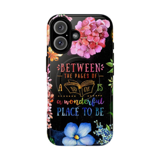 A stylish black phone case with a vibrant watercolor floral design, perfect for book lovers and bibliophiles.