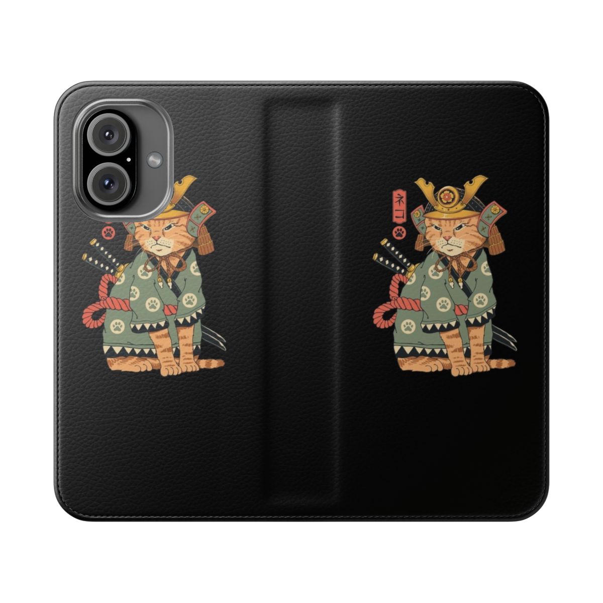 Flip cover phone case featuring a stylized cat design in the traditional Japanese ukiyo-e art style.